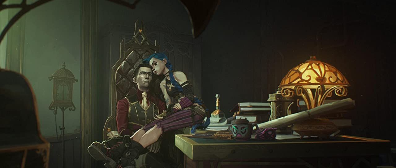 Jinx sitting with Silco from Arcane in his office
